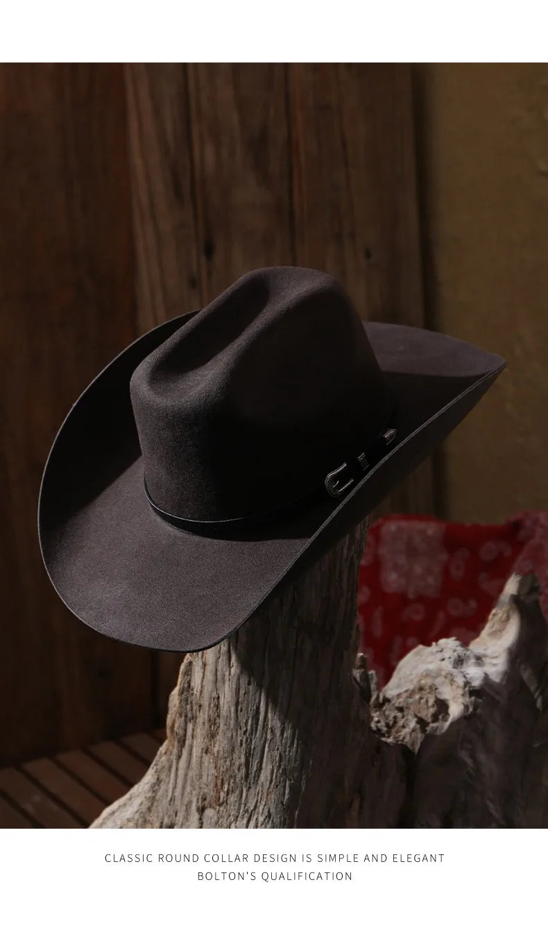 Unisex 100% Wool Cowboy Fedora Hat – Wide Brim Rolled Edge with Belt Buckle
