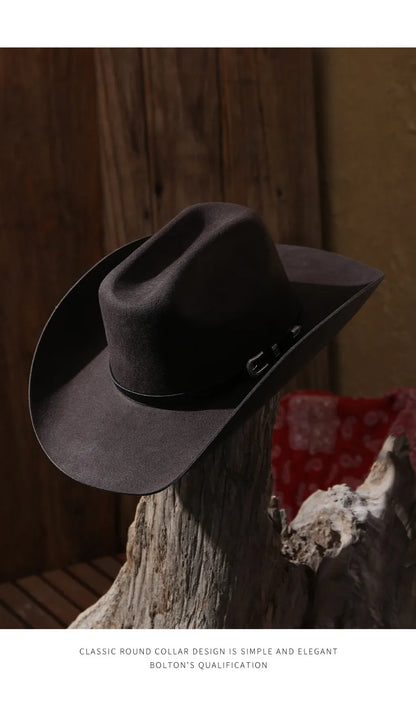 Unisex 100% Wool Cowboy Fedora Hat – Wide Brim Rolled Edge with Belt Buckle