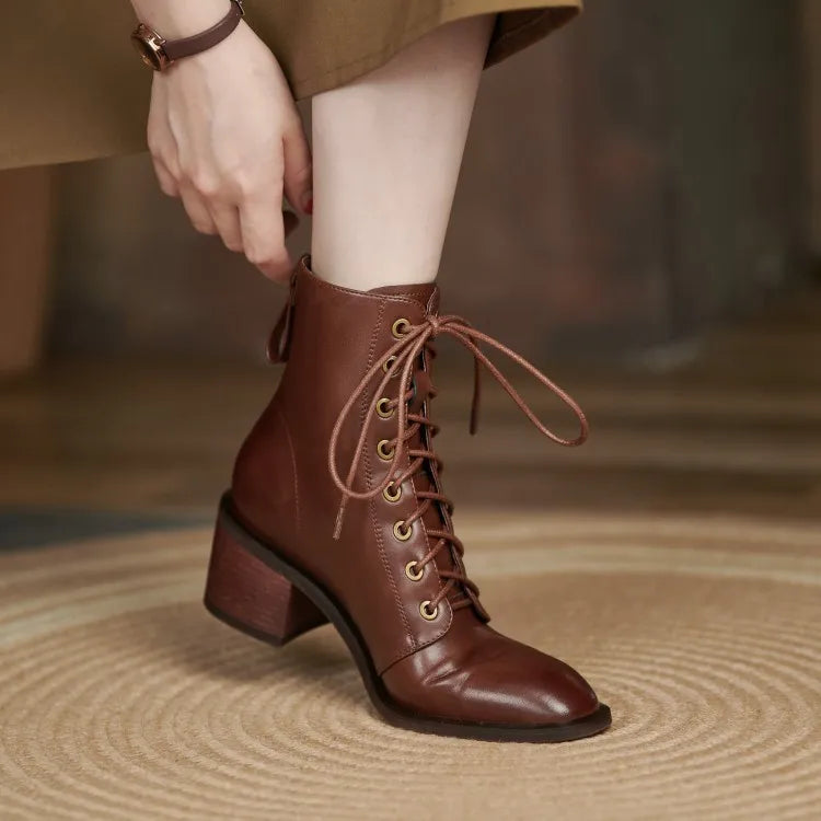 New  Split Leather Women  Round Toe  Chunky Heels Boots - Ghoddosh