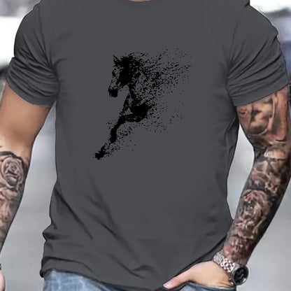 Men's Cotton Fashionable Casual Loose Large Black Horse Printed Pattern Short Sleeve T-shirt - Ghoddosh