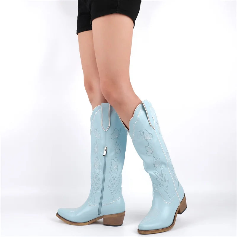 Women's Pink Knee-High Cowgirl Boots  Chunky Mid-Heel Pull-On Western Booties @ ghoddosh.com