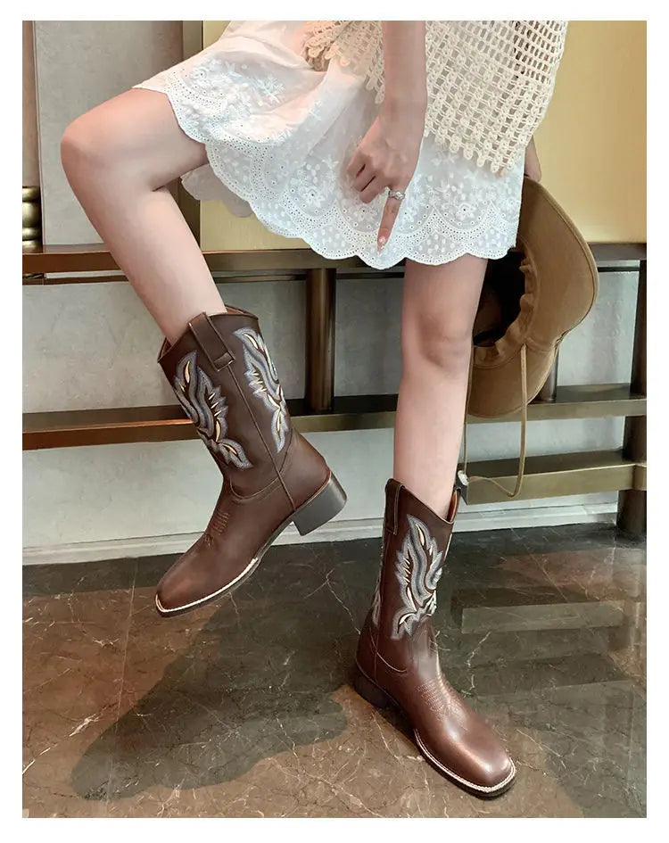 Embroidered brown cowboy boots — square toe and chunky mid-calf heel. - Ghoddosh