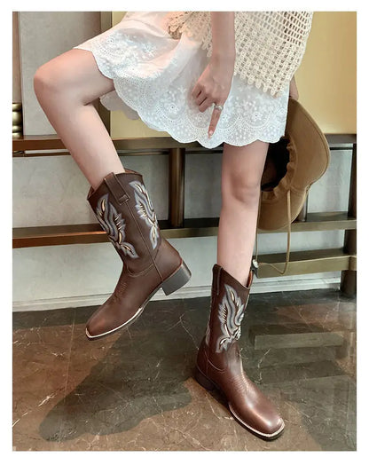 Embroidered brown cowboy boots — square toe and chunky mid-calf heel. - Ghoddosh