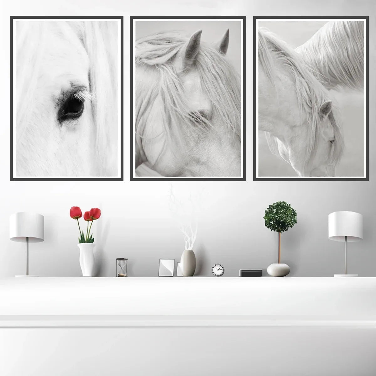 White Horse Print Art Canvas  Décor
