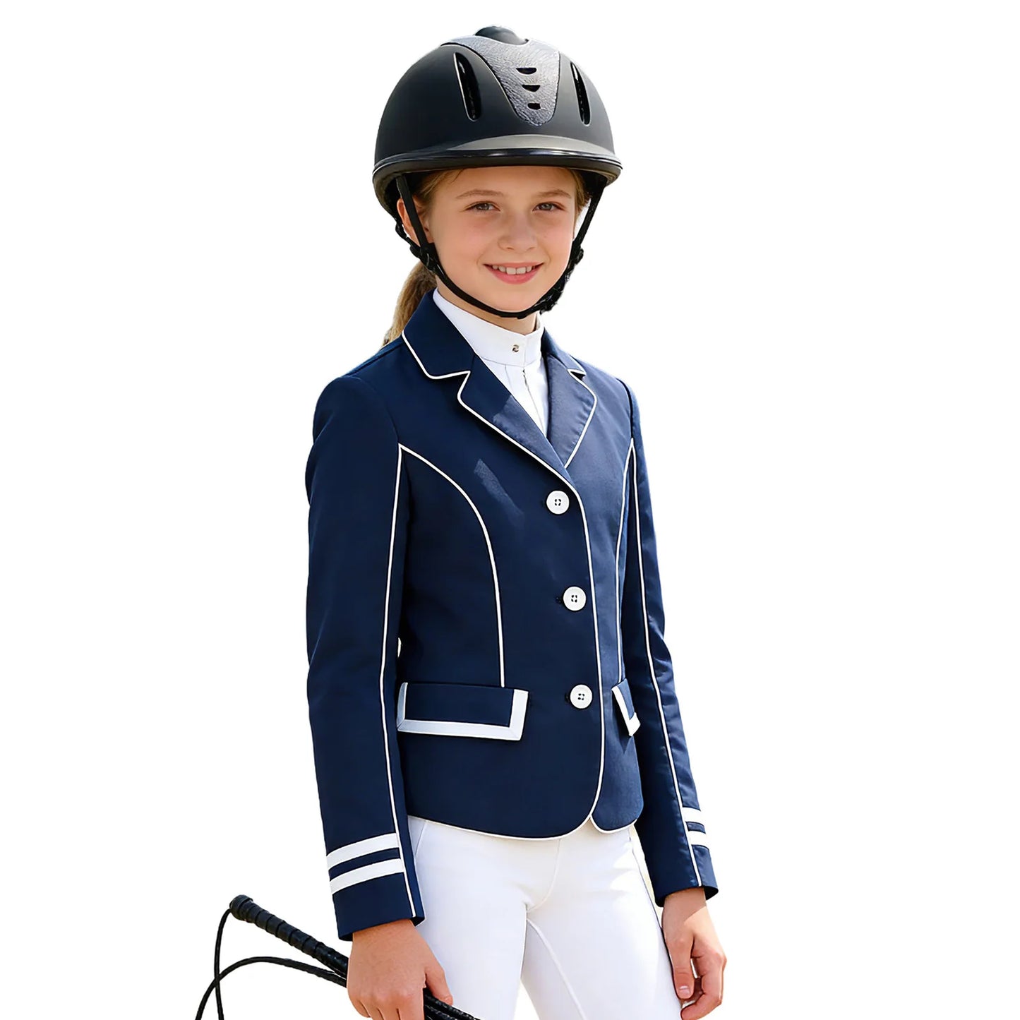 Young girl in equestrian attire with a navy blazer and white helmet on a white background @ ghoddosh.com