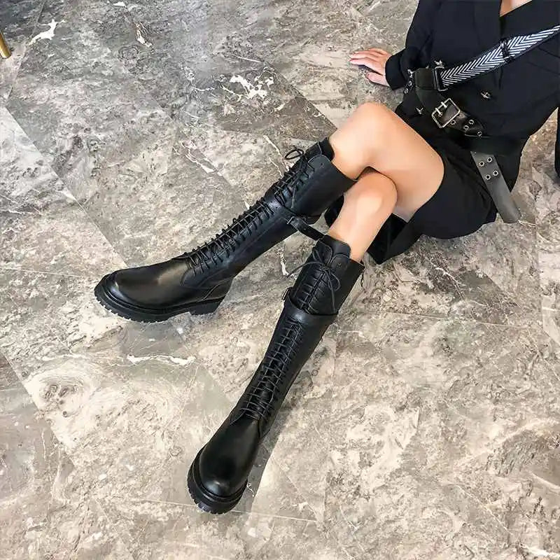 Genuine Leather Lace Up Med Heels  Round Toe Punk Superstar Riding  Over-the-knee Boots - Ghoddosh