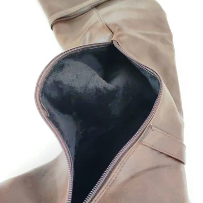 Women's Round Toe Chunky Block Heel Thigh-High Riding Boots with Belt Buckles @ ghoddosh.com