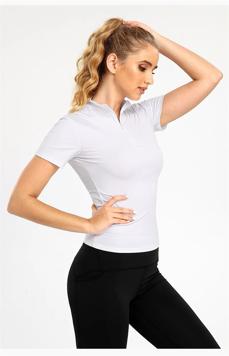 Active Crop Top Sports Women riding Short Sleeve Quarter Zipper