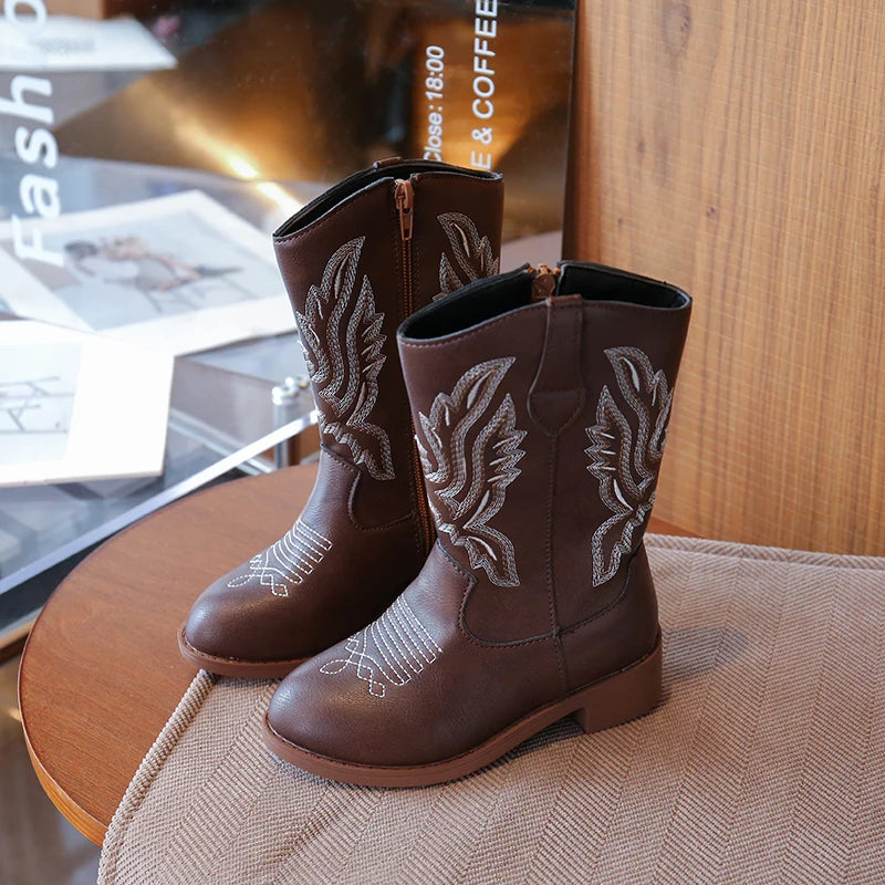 Kids Embroidered Western Cowboy Boots – Unisex Tall Pull-On Cowgirl Boots for Boys and Girls @ ghoddosh.com