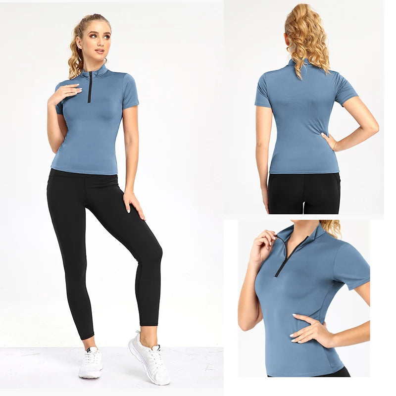 Active Crop Top Sports Women riding Short Sleeve Quarter Zipper