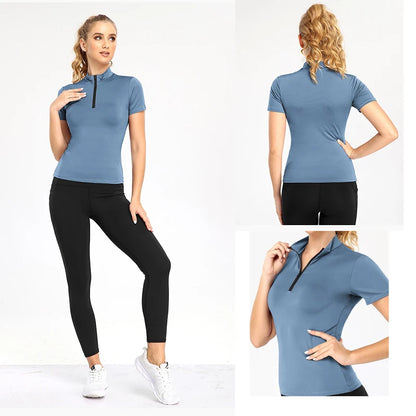 Active Crop Top Sports Women riding Short Sleeve Quarter Zipper