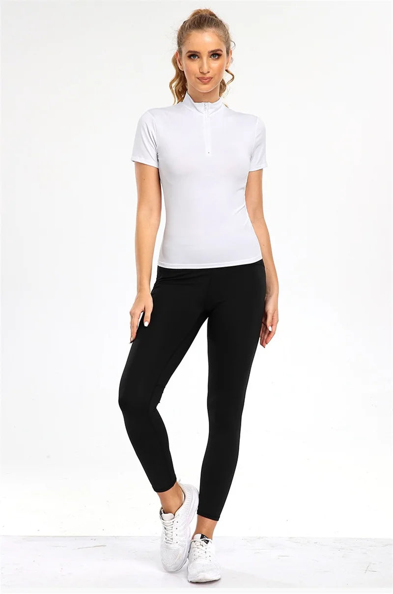 Active Crop Top Sports Women riding Short Sleeve Quarter Zipper
