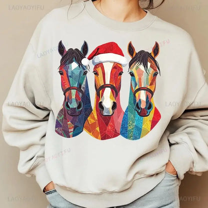 Christmas Western Cowboy Colored Drawing Horse Lover  Thermal Hoodie@ghoddosh.com
