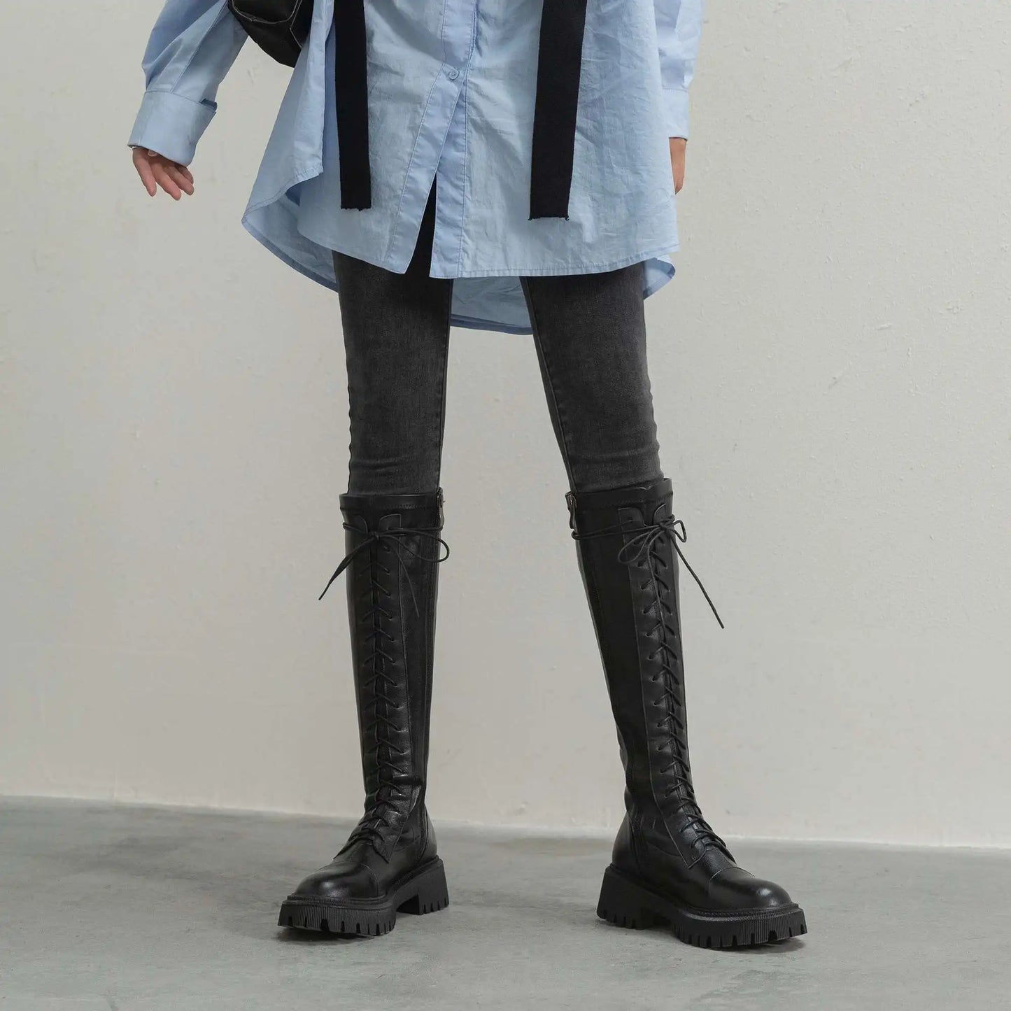 Genuine Leather Round Toe High Heel Riding Boots / Cross-tied Vintage Gladiator Lady Casual Platform Knee-high Boots .Ghoddosh

