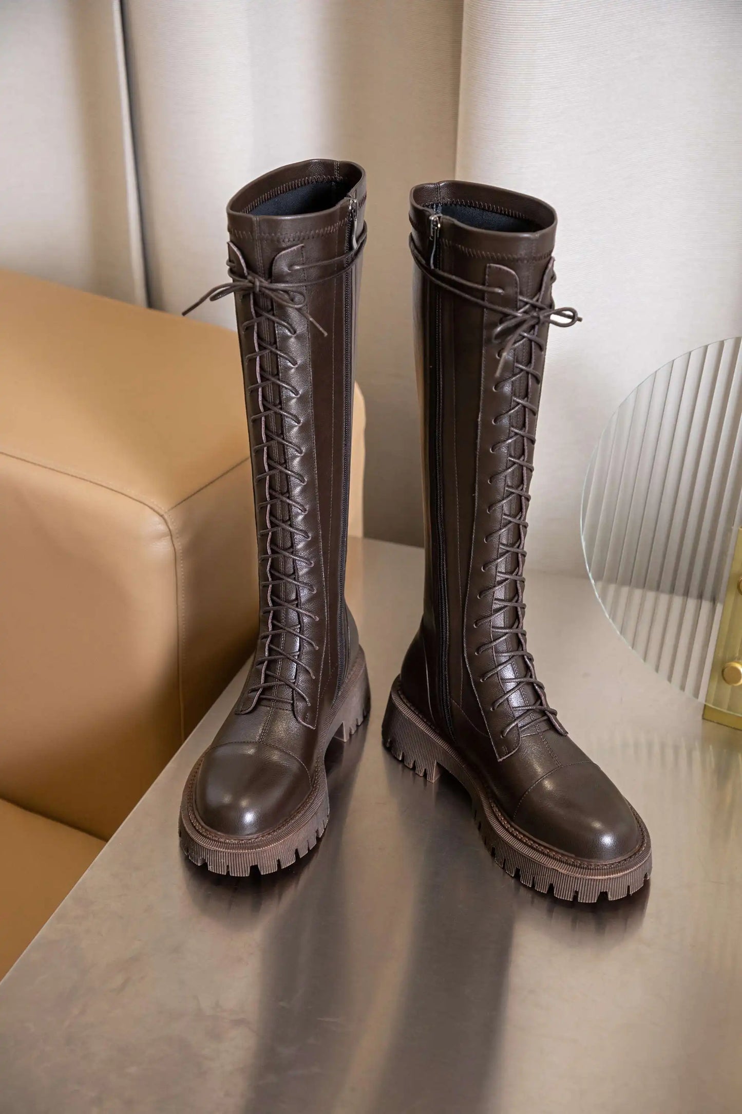 Genuine Leather Round Toe High Heel Riding Boots / Cross-tied Vintage Gladiator Lady Casual Platform Knee-high Boots .Ghoddosh

