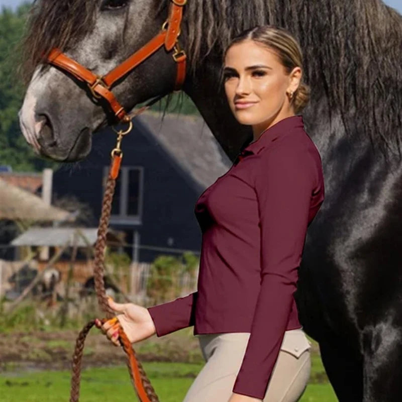 Burgundy Horse Riding T-Shirt / Women Soft Equestrian Long Sleeve Tops / Available in colors - Ghoddosh.com