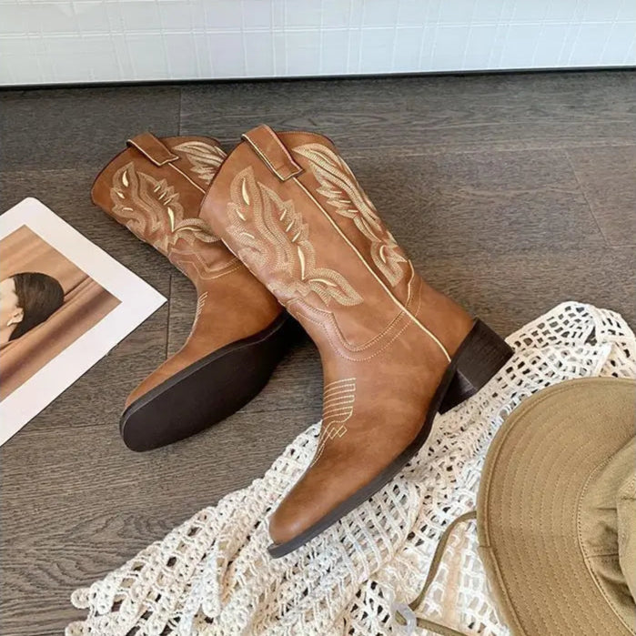Embroidered brown cowboy boots — square toe and chunky mid-calf heel. - Ghoddosh