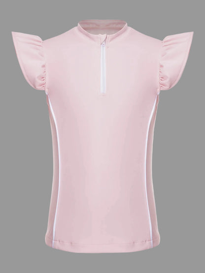 Girls Equestrian Quarter-Zip  Shirt | Kids Ruffled Sleeve Quick-Dry Horse Riding Top @ ghoddosh.com