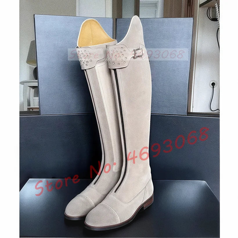 Women's Chunky Med Heel Cow Leather Thigh High Riding Boots