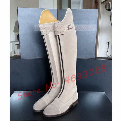 Women's Chunky Med Heel Cow Leather Thigh High Riding Boots
