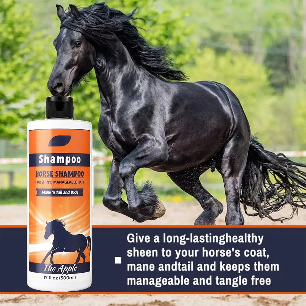   500 ml of horse shampoo and conditioner with orange labels and black horses on a white background.  @ ghoddosh.com