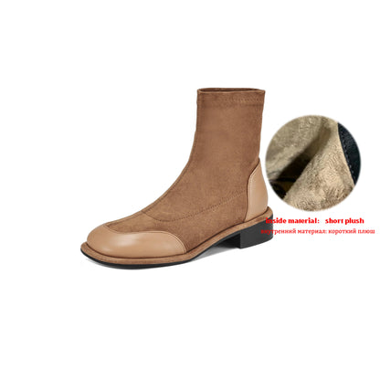 Microfiber Low Heels Modern Chelsea Motorcycle Boots Casual Winter Autumn Vintage Women Elastic Ankle Boots - Ghoddosh 