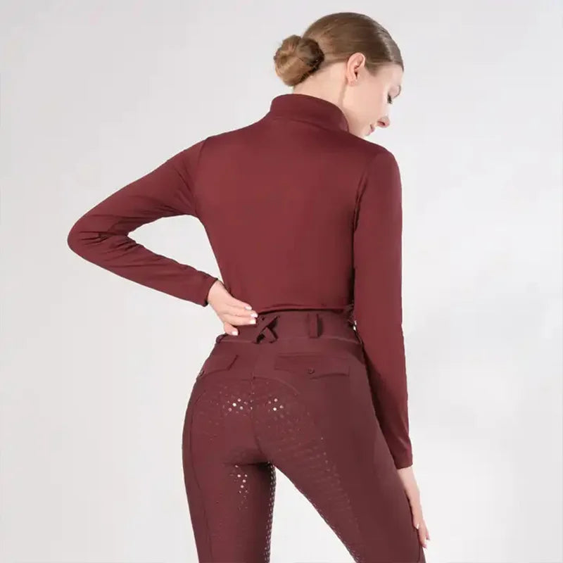 Burgundy Horse Riding T-Shirt / Women Soft Equestrian Long Sleeve Tops / Available in colors - Ghoddosh.com