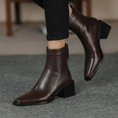 Cow Leather High Heels Square Toe Winter  Ankle Boots - Ghoddosh