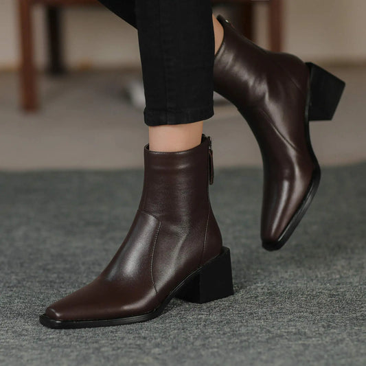 Cow Leather High Heels Square Toe Winter  Ankle Boots - Ghoddosh