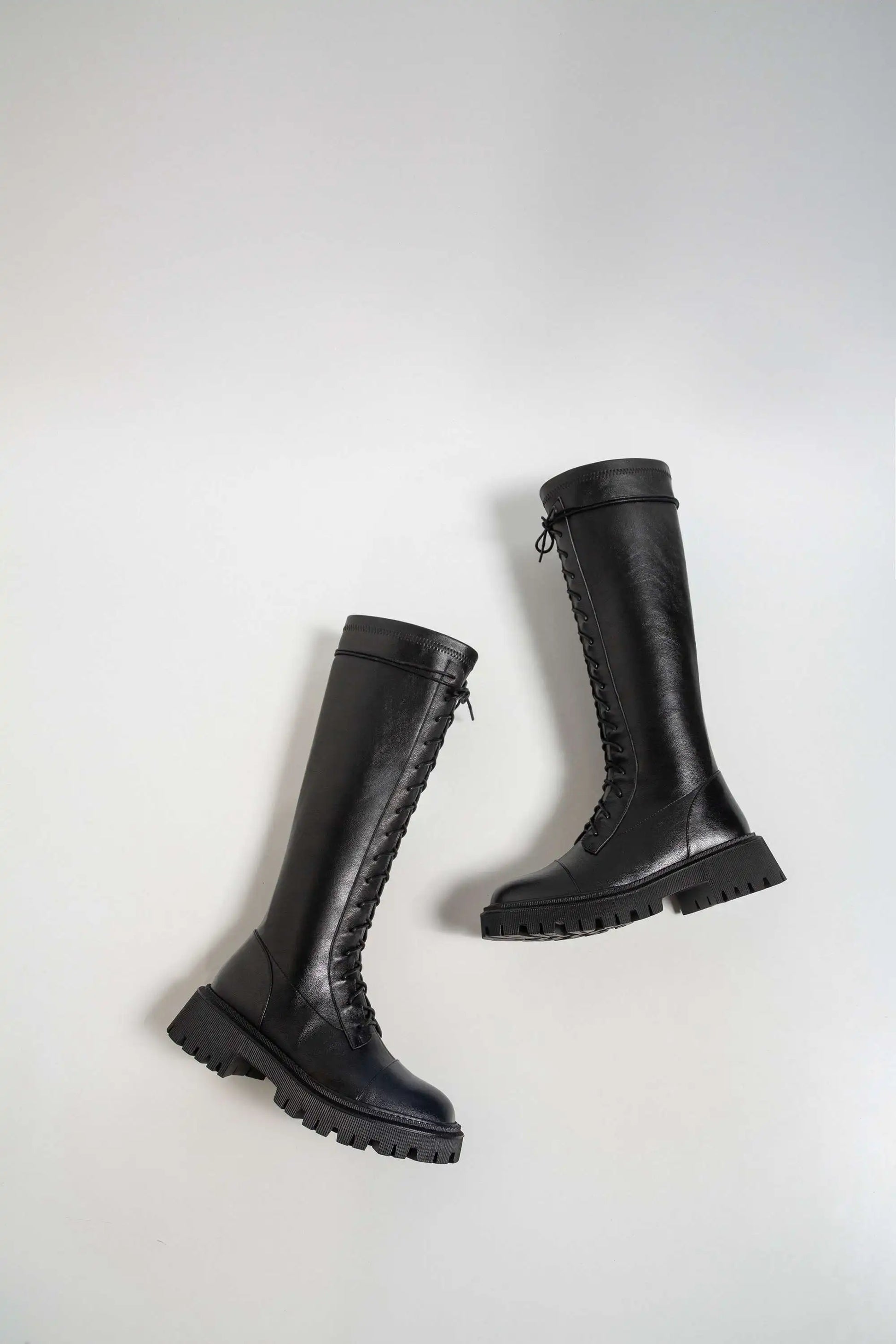 Genuine Leather Round Toe High Heel Riding Boots / Cross-tied Vintage Gladiator Lady Casual Platform Knee-high Boots .Ghoddosh

