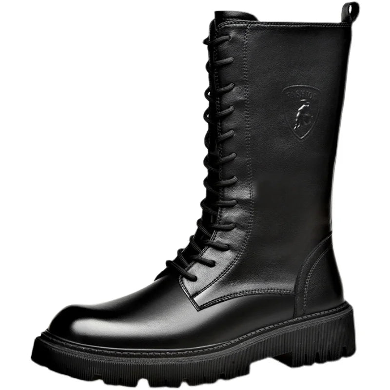 Men's Riding Winter Boots , Genuine Leather Lace Up Extra Long Mongolian High  Knight Ankle Boots@ghoddosh.com