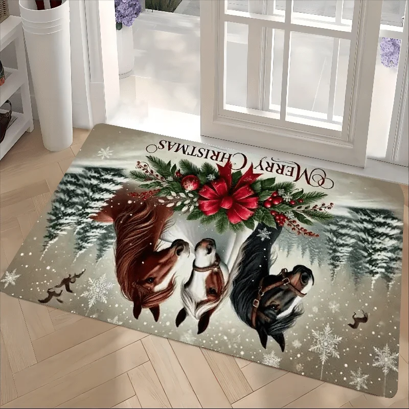 Christmas Horse Flower Pattern Floor Mat,  Non-Slip & Dirt-Proof Warm Carpet @ghoddosh.com