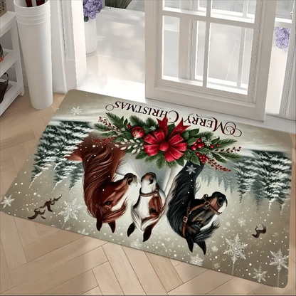 Christmas Horse Flower Pattern Floor Mat,  Non-Slip & Dirt-Proof Warm Carpet @ghoddosh.com