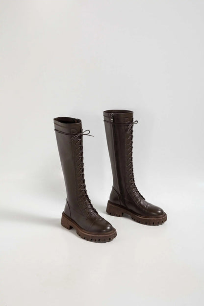 Genuine Leather Round Toe High Heel Riding Boots / Cross-tied Vintage Gladiator Lady Casual Platform Knee-high Boots .Ghoddosh

