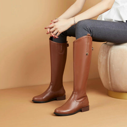 Women's Genuine Leather Thigh-High Riding Boots, Round Toe Mid-Heel Streetwear @ ghoddosh.com