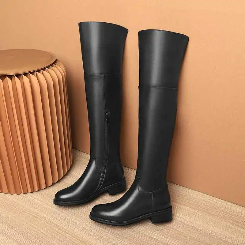 Black Classic Over‑the‑Knee Boots — Cow Leather, Mid Heel, Simple Daily Style - Ghoddosh