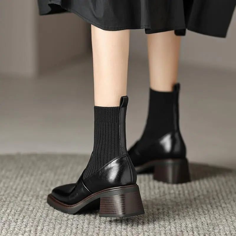 Retro Cow Split Leather Chelsea Boots — Square Toe, Platform Block Heel - Ghoddosh