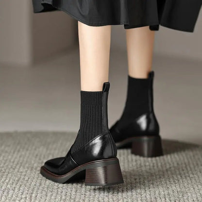 Retro Cow Split Leather Chelsea Boots — Square Toe, Platform Block Heel - Ghoddosh