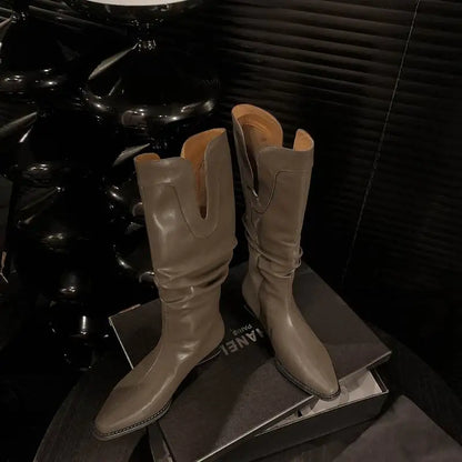 2026 New Cow Leather Round Toe Low Heels Winter Warm Riding Knee Boots  - ghoddosh.com