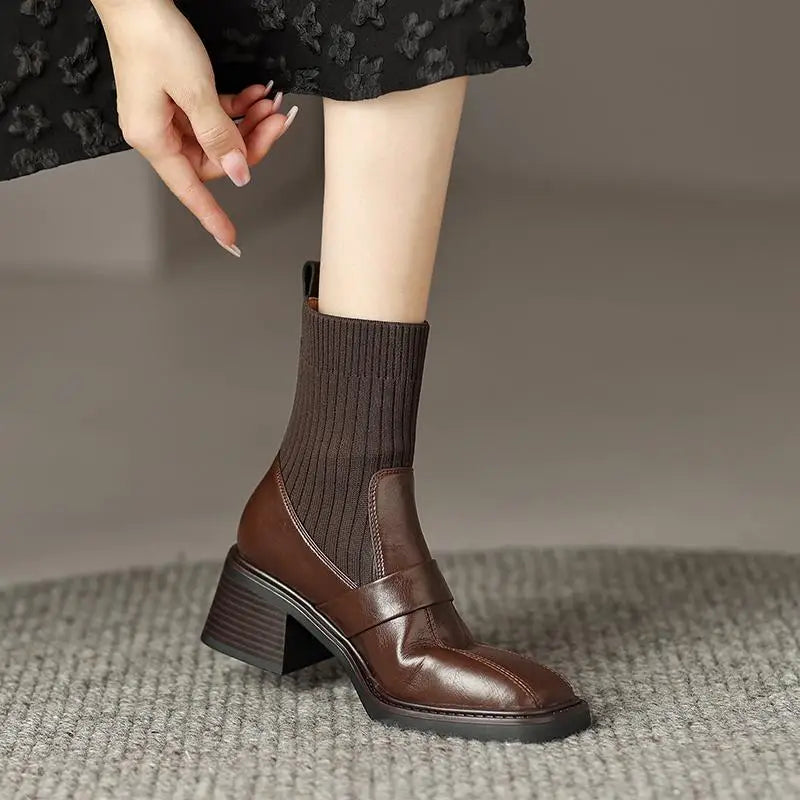 Retro Cow Split Leather Chelsea Boots — Square Toe, Platform Block Heel - Ghoddosh