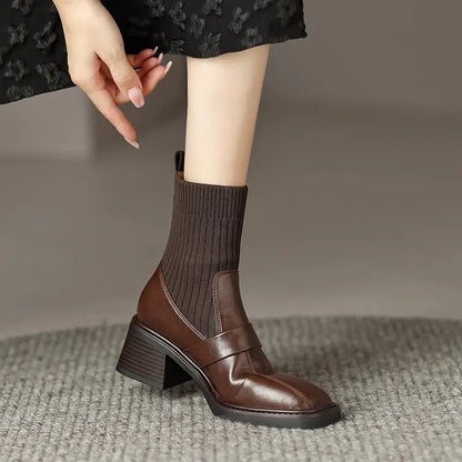 Retro Cow Split Leather Chelsea Boots — Square Toe, Platform Block Heel - Ghoddosh