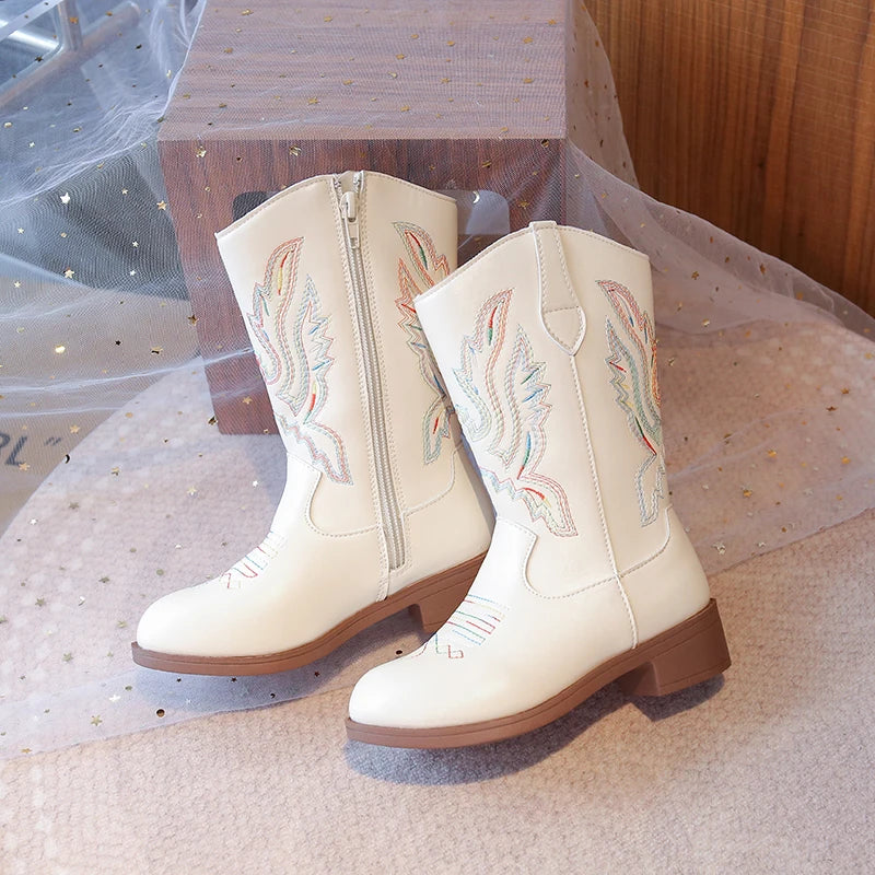 Kids Embroidered Western Cowboy Boots – Unisex Tall Pull-On Cowgirl Boots for Boys and Girls @ ghoddosh.com