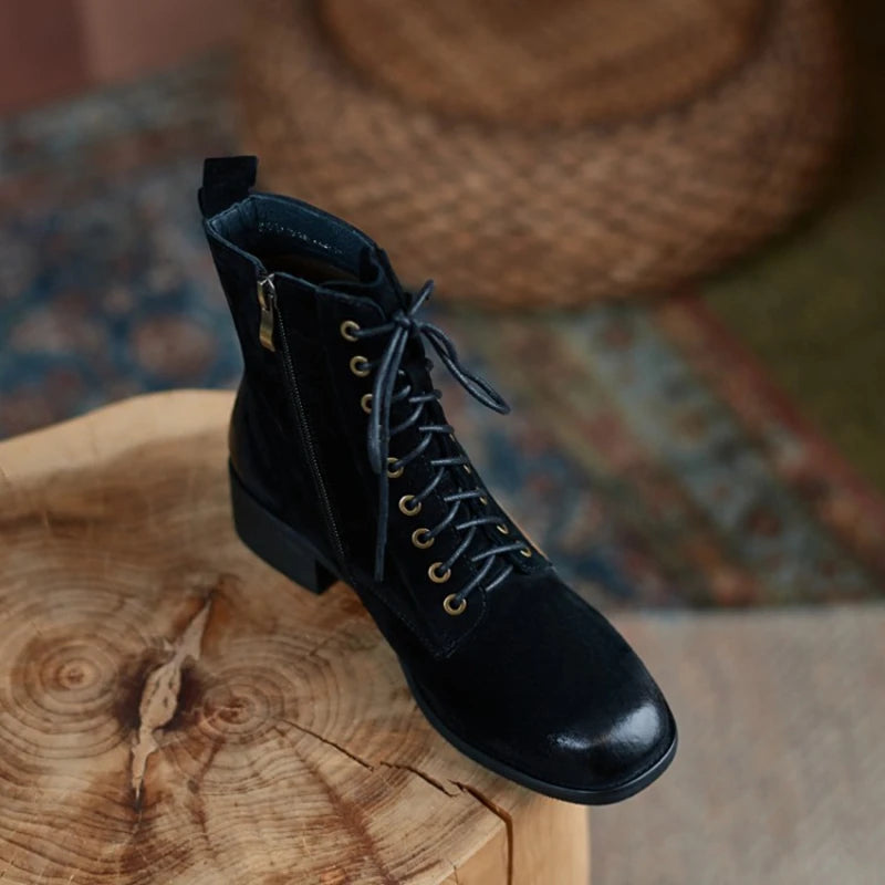 Genuine Leather  Women Retro Lace Ankle Boots for Women - Ghoddosh