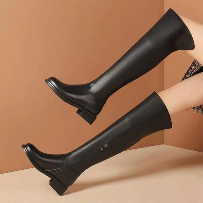 Black Classic Over‑the‑Knee Boots — Cow Leather, Mid Heel, Simple Daily Style - Ghoddosh