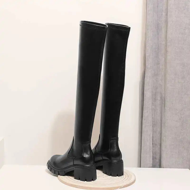 Big Size Cow Leather Stretch Over-the-knee Boots - Ghoddosh