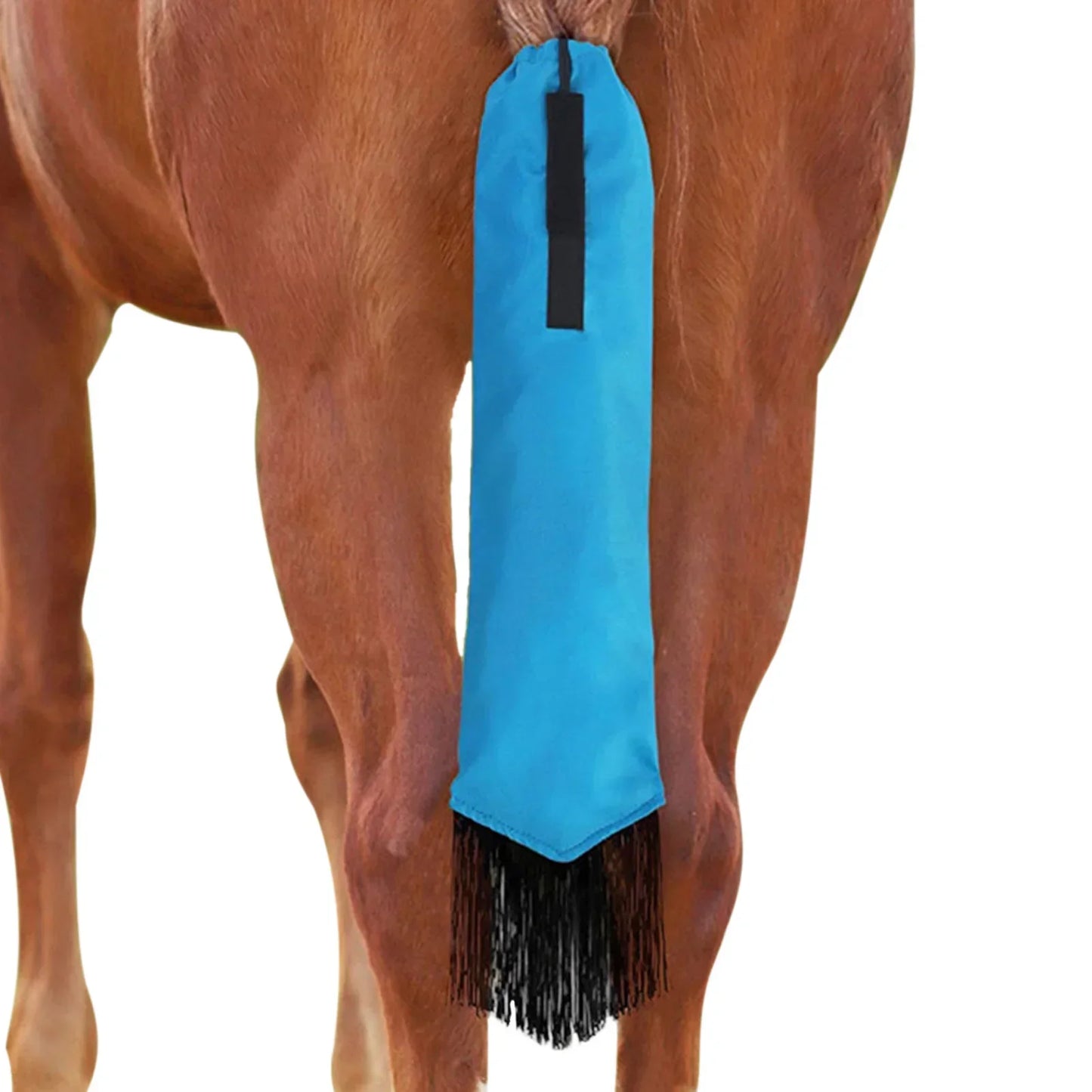 A Colored horse tail bag attached to a horse's tail, with  fringes. Ghoddosh