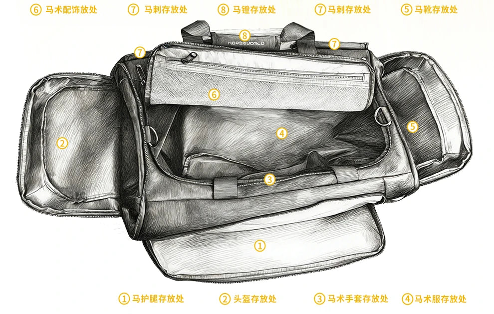 2-in-1 Riding Gear Bag: Convertible Backpack/Crossbody with Individual Pockets for Boots, Helmet & Whip