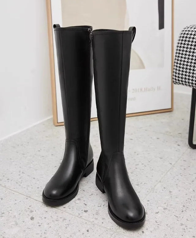 Equestrian Genuine Leather Long Flat Boots - Women's Horse Riding Knee High Boots @ ghoddosh.com