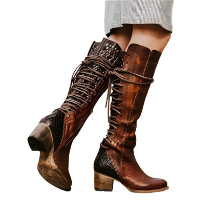 Vintage Cowboy Lace Up  Boots  Gladiator Round Toe Cross Tied Chunky Heels - Ghoddosh