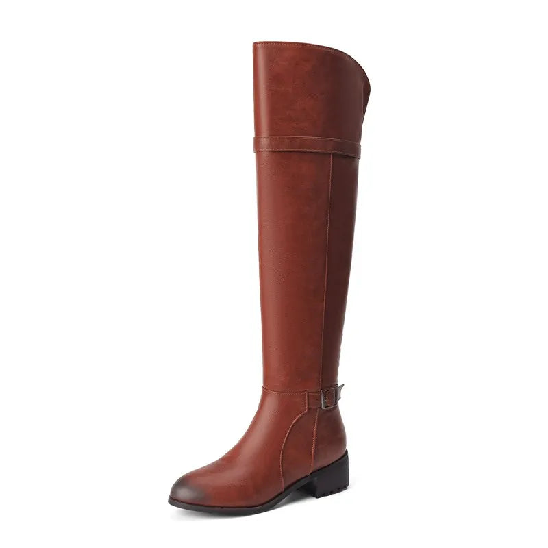 Women's Round Toe Chunky Block Heel Thigh-High Riding Boots with Belt Buckles @ ghoddosh.com